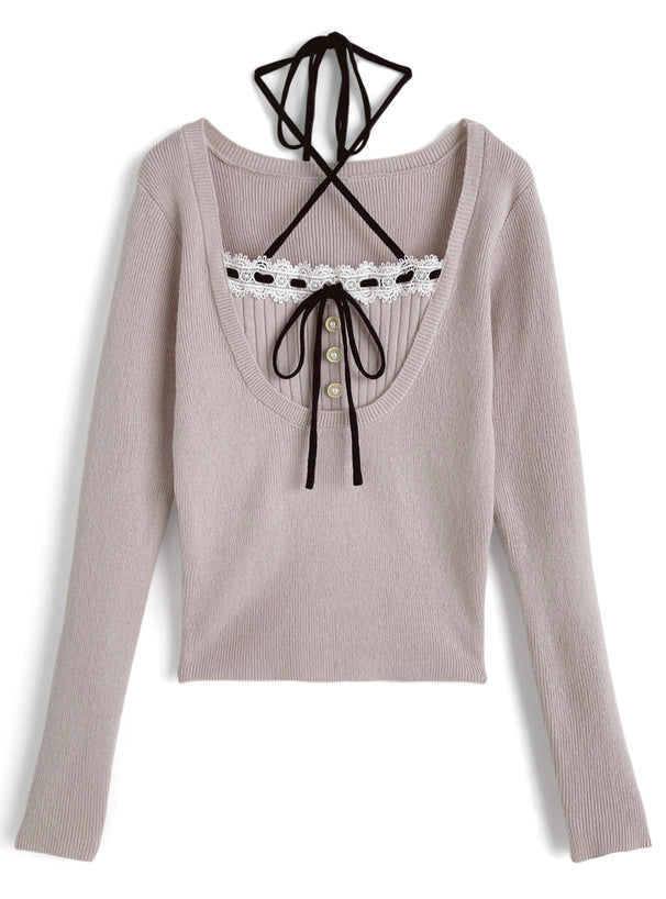 Contrast lace ribbon layered-look knit top 配色蕾絲蝴蝶結假兩件針織上衣 ru1634 4