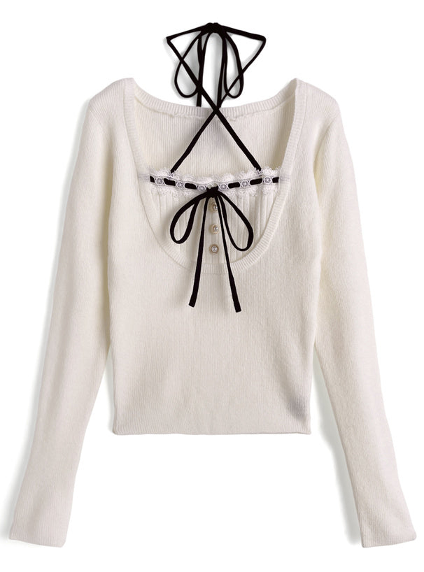 Contrast lace ribbon layered-look knit top 配色蕾絲蝴蝶結假兩件針織上衣 ru1634 5