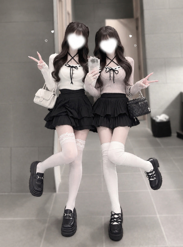 Contrast lace ribbon layered-look knit top 配色蕾絲蝴蝶結假兩件針織上衣 ru1634 6
