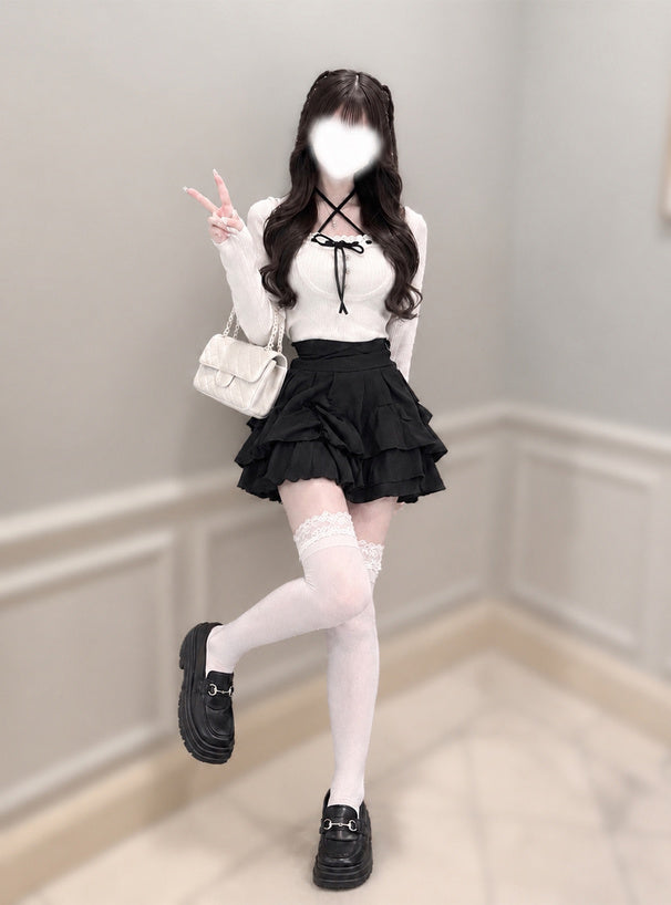 Contrast lace ribbon layered-look knit top 配色蕾絲蝴蝶結假兩件針織上衣 ru1634 7