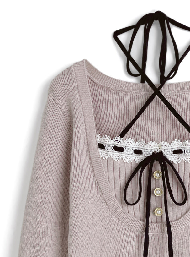 Contrast lace ribbon layered-look knit top 配色蕾絲蝴蝶結假兩件針織上衣 ru1634 12