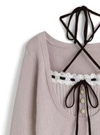 Contrast lace ribbon layered-look knit top 配色蕾絲蝴蝶結假兩件針織上衣 ru1634 12