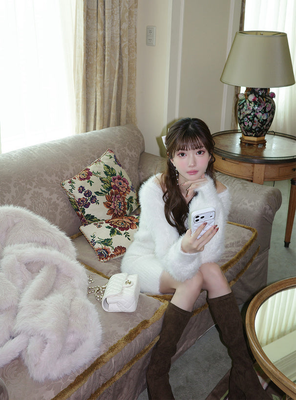 V-Neck Shaggy Knit Mini Dress V領長毛感針織迷你連身裙 [ru1852] - image 3