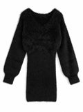 V-Neck Shaggy Knit Mini Dress V領長毛感針織迷你連身裙 [ru1852] - Black 黑色