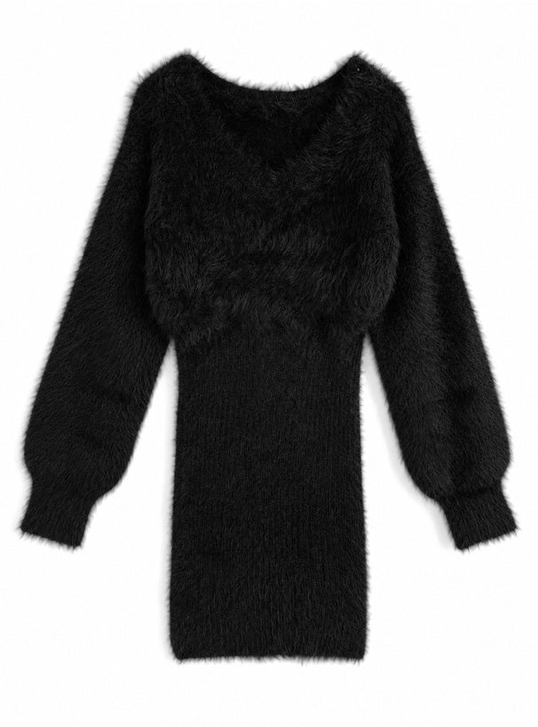 V-Neck Shaggy Knit Mini Dress V領長毛感針織迷你連身裙 [ru1852] - Black 黑色