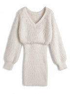 V-Neck Shaggy Knit Mini Dress V領長毛感針織迷你連身裙 [ru1852] - Ivory 象牙白