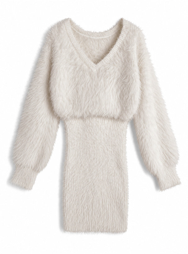V-Neck Shaggy Knit Mini Dress V領長毛感針織迷你連身裙 [ru1852] - Ivory 象牙白