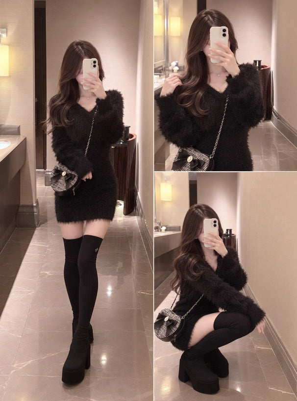 V-Neck Shaggy Knit Mini Dress V領長毛感針織迷你連身裙 [ru1852] - image 6