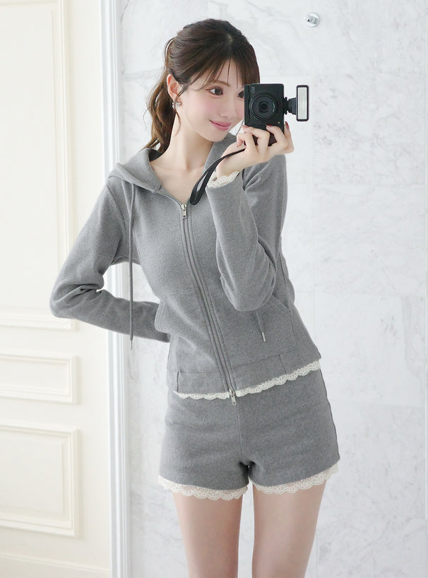 Lace Trim Hoodie & Shorts Set 蕾絲滾邊連帽外套與短褲套裝 — image 1