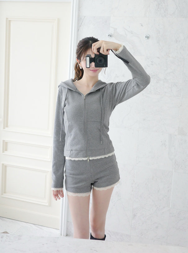 Lace Trim Hoodie & Shorts Set 蕾絲滾邊連帽外套與短褲套裝 — image 3
