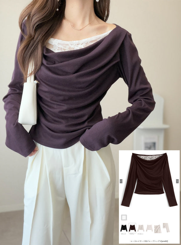 GRL sm492 lace-layered look drape top 蕾絲假兩件垂墜上衣 — photo 1