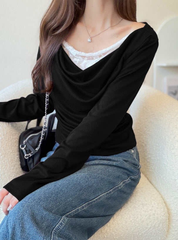 GRL sm492 lace-layered look drape top 蕾絲假兩件垂墜上衣 — photo 7