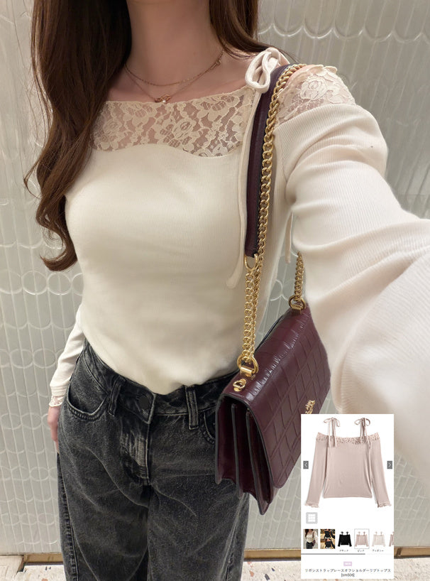 sm506 Ribbon-Strap Lace Off-Shoulder Ribbed Top 蝴蝶結肩帶蕾絲露肩羅紋上衣 1