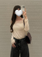 sm506 Ribbon-Strap Lace Off-Shoulder Ribbed Top 蝴蝶結肩帶蕾絲露肩羅紋上衣 2