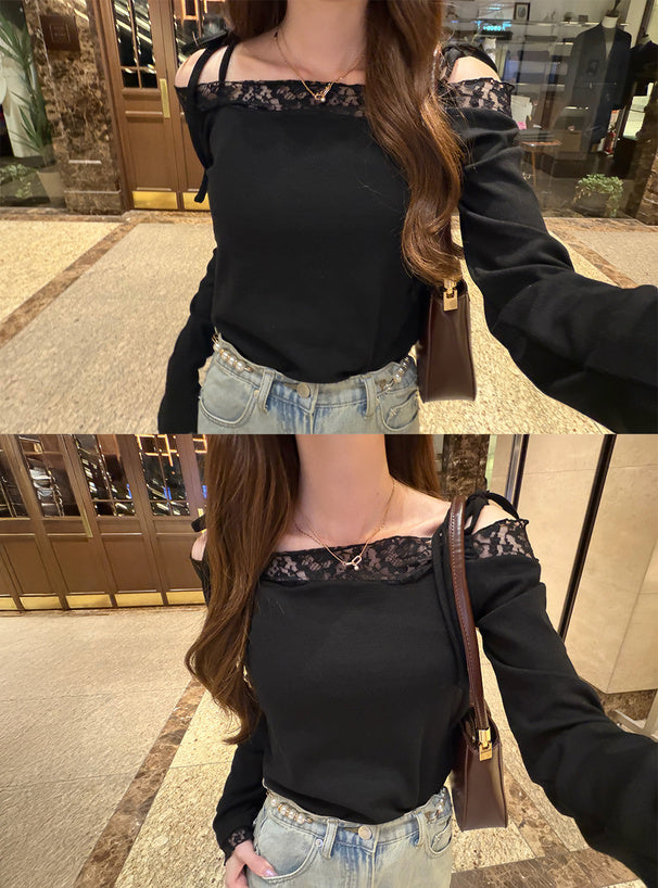 sm506 Ribbon-Strap Lace Off-Shoulder Ribbed Top 蝴蝶結肩帶蕾絲露肩羅紋上衣 3
