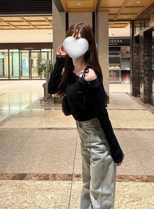 sm506 Ribbon-Strap Lace Off-Shoulder Ribbed Top 蝴蝶結肩帶蕾絲露肩羅紋上衣 7