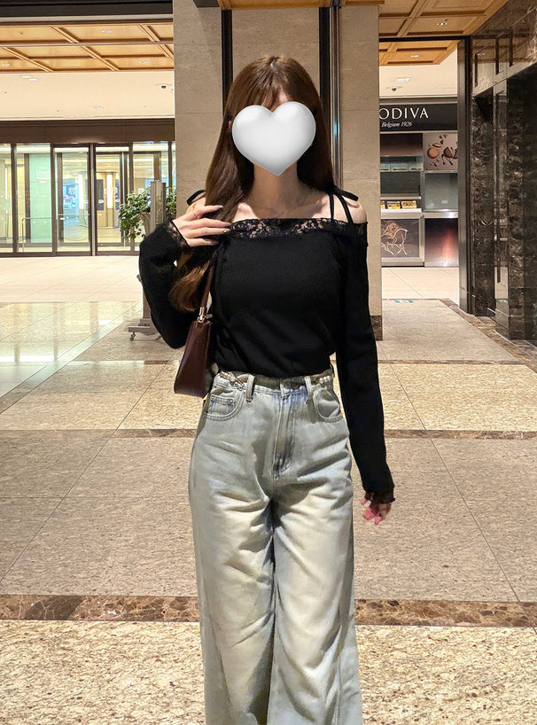 sm506 Ribbon-Strap Lace Off-Shoulder Ribbed Top 蝴蝶結肩帶蕾絲露肩羅紋上衣 8