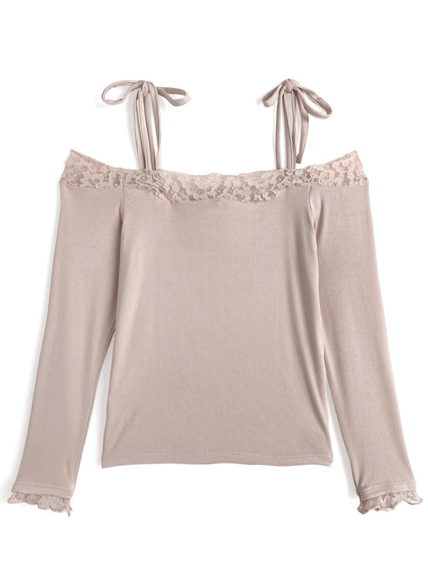 sm506 Ribbon-Strap Lace Off-Shoulder Ribbed Top 蝴蝶結肩帶蕾絲露肩羅紋上衣 10