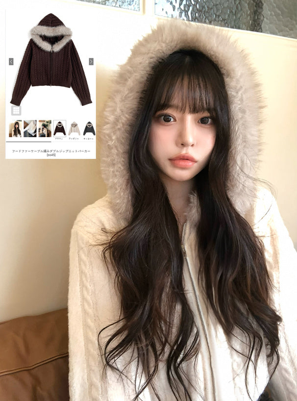 Cable Knit Double-Zip Hoodie with Faux Fur Hood 毛毛帽兜麻花雙拉鏈針織連帽外套 [so45] 1