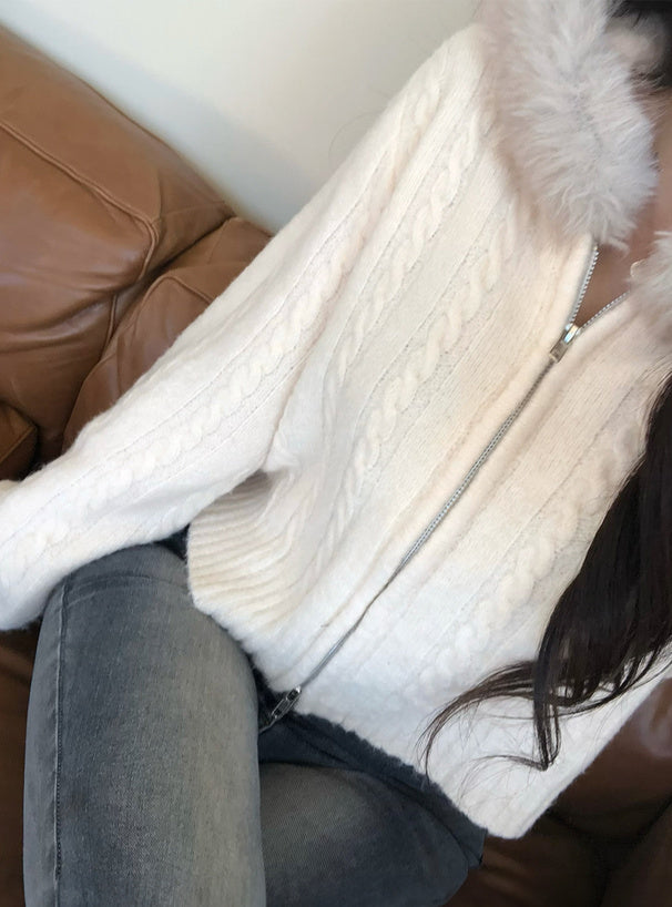 Cable Knit Double-Zip Hoodie with Faux Fur Hood 毛毛帽兜麻花雙拉鏈針織連帽外套 [so45] 2