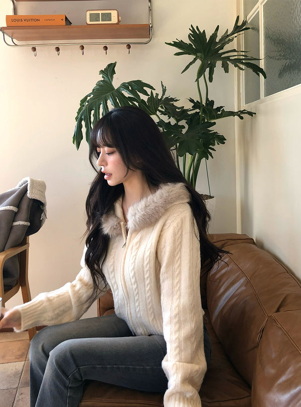 Cable Knit Double-Zip Hoodie with Faux Fur Hood 毛毛帽兜麻花雙拉鏈針織連帽外套 [so45] 3