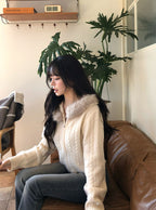Cable Knit Double-Zip Hoodie with Faux Fur Hood 毛毛帽兜麻花雙拉鏈針織連帽外套 [so45] 3