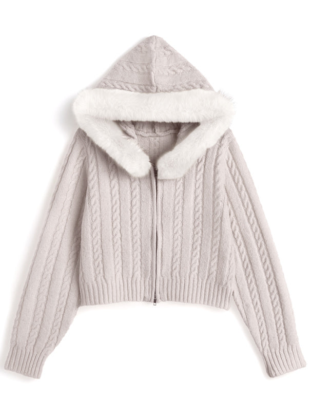 Cable Knit Double-Zip Hoodie with Faux Fur Hood 毛毛帽兜麻花雙拉鏈針織連帽外套 [so45] 4