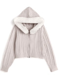 Cable Knit Double-Zip Hoodie with Faux Fur Hood 毛毛帽兜麻花雙拉鏈針織連帽外套 [so45] 4