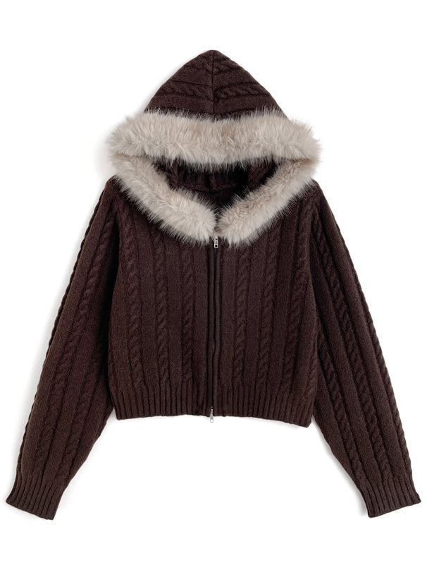 Cable Knit Double-Zip Hoodie with Faux Fur Hood 毛毛帽兜麻花雙拉鏈針織連帽外套 [so45] 5