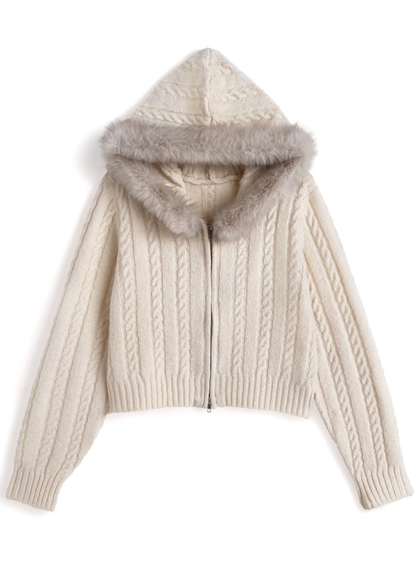 Cable Knit Double-Zip Hoodie with Faux Fur Hood 毛毛帽兜麻花雙拉鏈針織連帽外套 [so45] 6