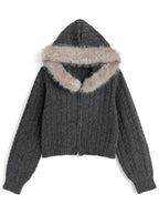 Cable Knit Double-Zip Hoodie with Faux Fur Hood 毛毛帽兜麻花雙拉鏈針織連帽外套 [so45] 7