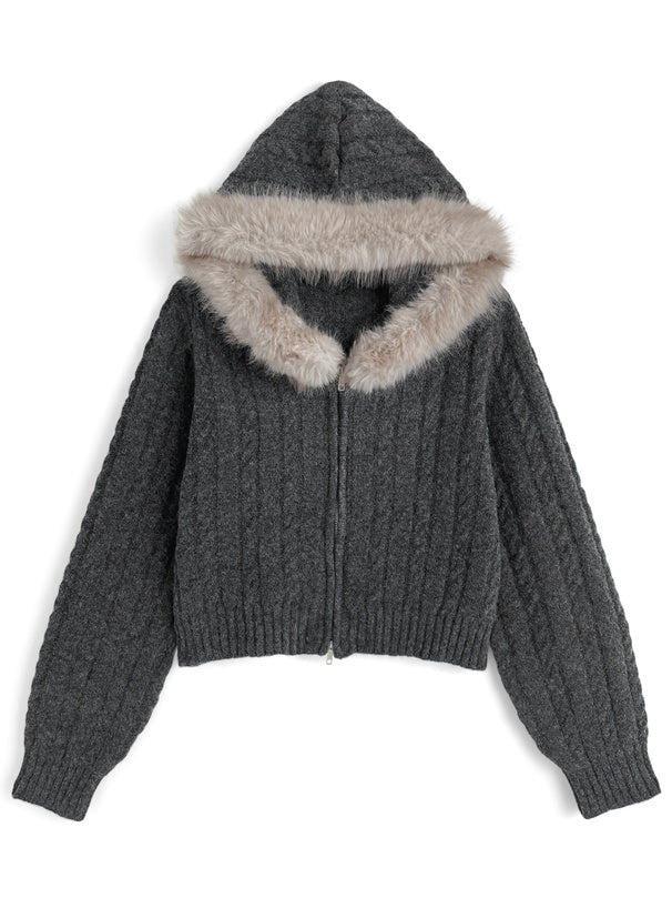 Cable Knit Double-Zip Hoodie with Faux Fur Hood 毛毛帽兜麻花雙拉鏈針織連帽外套 [so45] 7