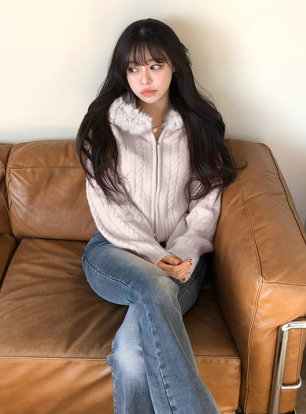 Cable Knit Double-Zip Hoodie with Faux Fur Hood 毛毛帽兜麻花雙拉鏈針織連帽外套 [so45] 8