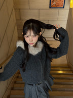 Cable Knit Double-Zip Hoodie with Faux Fur Hood 毛毛帽兜麻花雙拉鏈針織連帽外套 [so45] 9