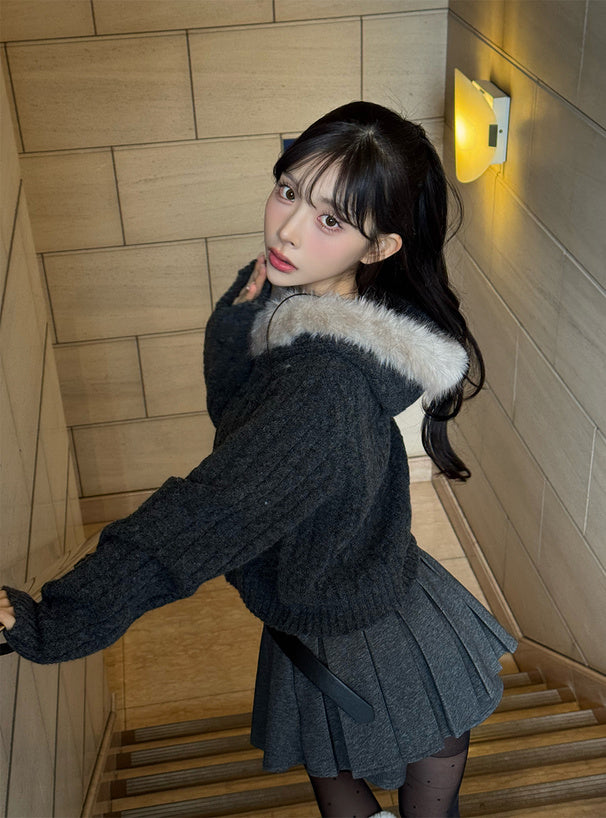 Cable Knit Double-Zip Hoodie with Faux Fur Hood 毛毛帽兜麻花雙拉鏈針織連帽外套 [so45] 10