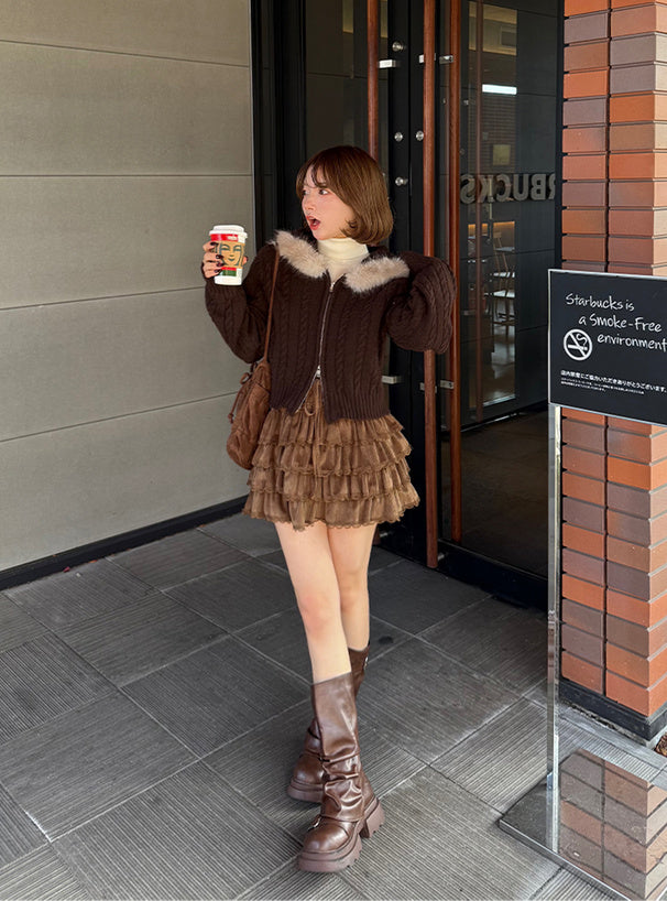 Cable Knit Double-Zip Hoodie with Faux Fur Hood 毛毛帽兜麻花雙拉鏈針織連帽外套 [so45] 11