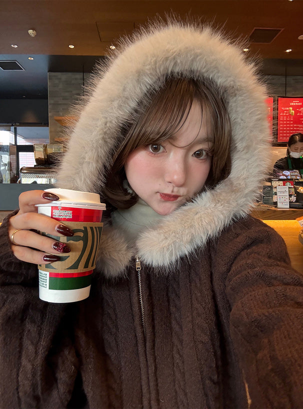 Cable Knit Double-Zip Hoodie with Faux Fur Hood 毛毛帽兜麻花雙拉鏈針織連帽外套 [so45] 13
