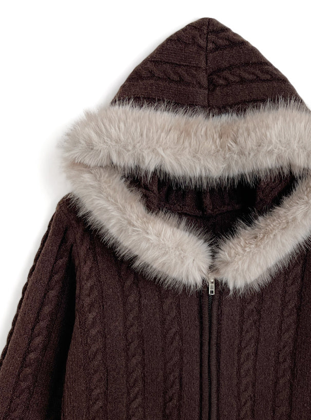 Cable Knit Double-Zip Hoodie with Faux Fur Hood 毛毛帽兜麻花雙拉鏈針織連帽外套 [so45] 14