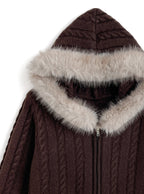 Cable Knit Double-Zip Hoodie with Faux Fur Hood 毛毛帽兜麻花雙拉鏈針織連帽外套 [so45] 14