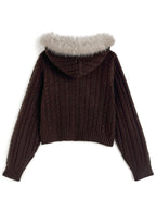 Cable Knit Double-Zip Hoodie with Faux Fur Hood 毛毛帽兜麻花雙拉鏈針織連帽外套 [so45] 15