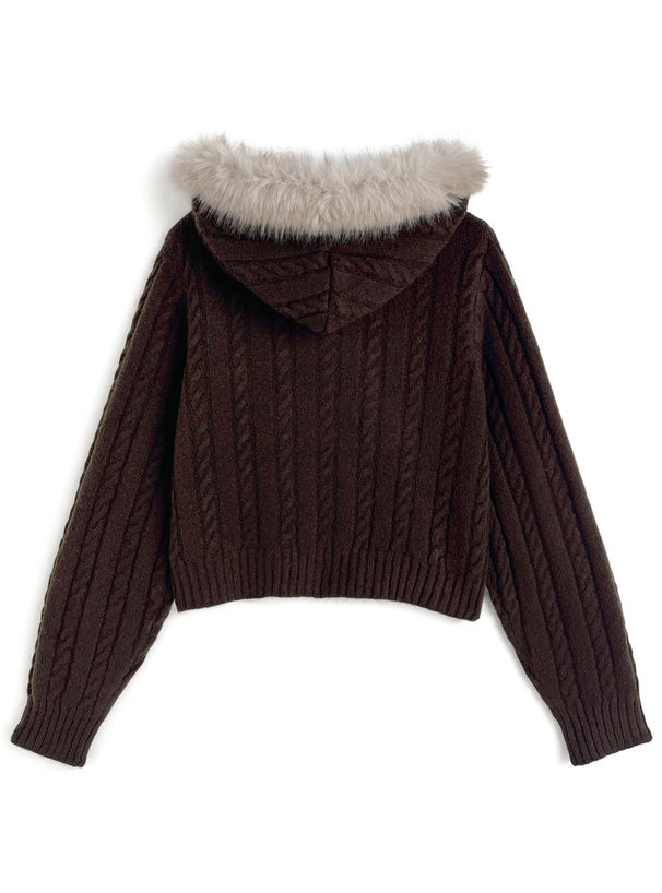 Cable Knit Double-Zip Hoodie with Faux Fur Hood 毛毛帽兜麻花雙拉鏈針織連帽外套 [so45] 15