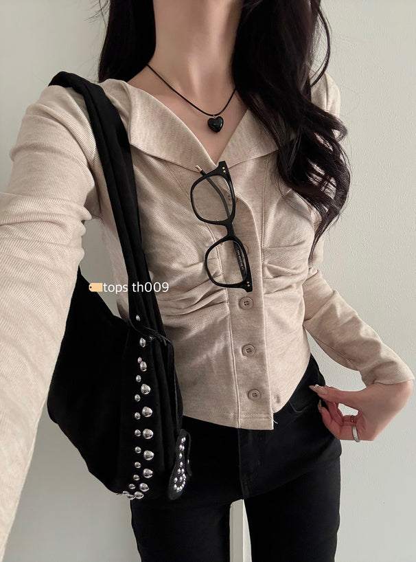 GRL th009 open-collar front-gathered top 17