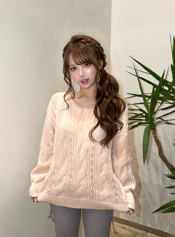 GRL th090 Multiway Lace Ribbon Cable Knit Top 多穿法蕾絲繫帶麻花針織上衣 3