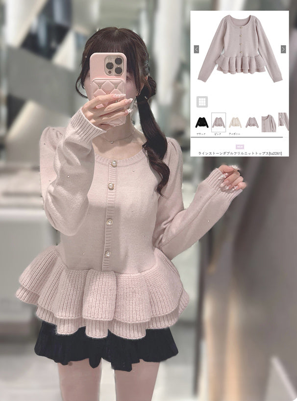 Rhinestone Double Ruffle Knit Top 水鑽雙層荷葉襬針織上衣 [tu2261] — 2