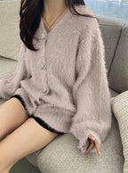 Jewel-Button Shaggy Knit Cardigan 寶石造型鈕扣毛絨針織開襟衫 [ws71] — image 1