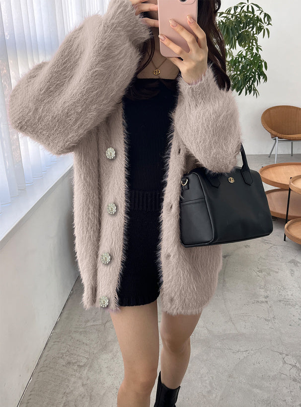 Jewel-Button Shaggy Knit Cardigan 寶石造型鈕扣毛絨針織開襟衫 [ws71] — image 2