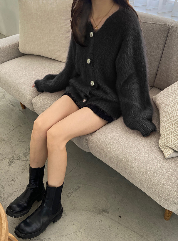 Jewel-Button Shaggy Knit Cardigan 寶石造型鈕扣毛絨針織開襟衫 [ws71] — image 10