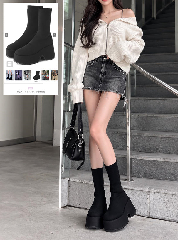 Platform Knit Mid-Calf Boots Black 黑色 – view 1