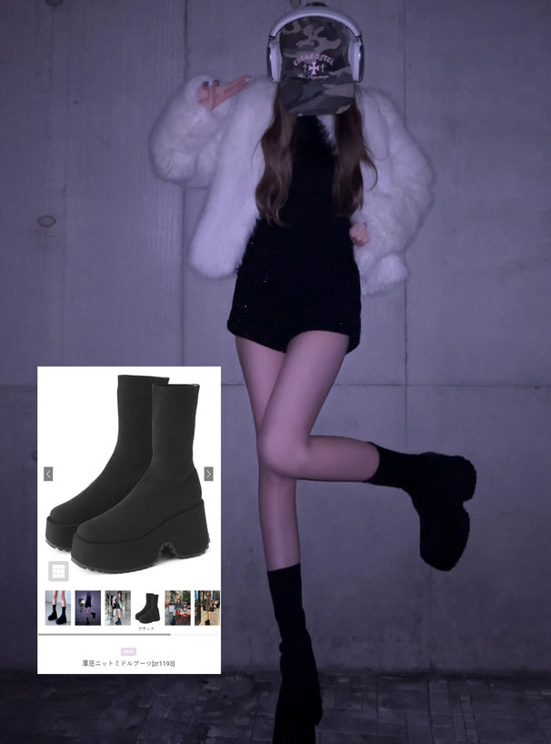 Platform Knit Mid-Calf Boots Black 黑色 – view 2